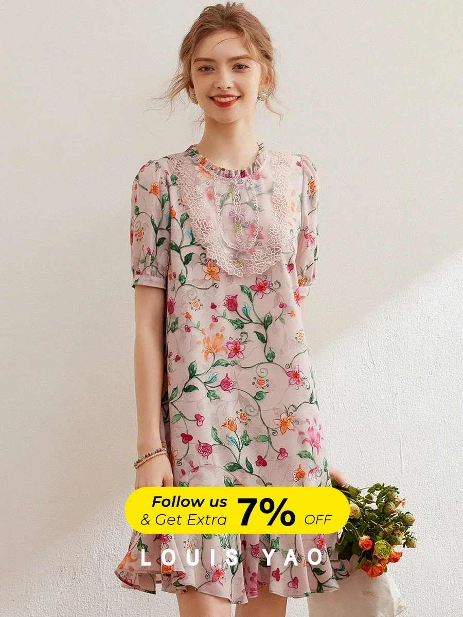 

LOUIS YAO Floral Dress 2024 Summer Elegant Embroidery Beading Lace O Neck Short Sleeve Loose A-LINE Short Dress