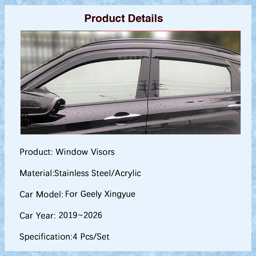 Car Window Visors For Geely Xingyue S Tugella FY11 2019~2026 Rain Guard Deflector Windshields Awning Trim Cover Auto Accessories