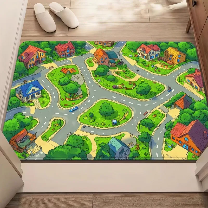 Complex Highway Interchange Doormat Cartoon Overpass Traffic Car Green Lawn Print Kids Game Floor Mat