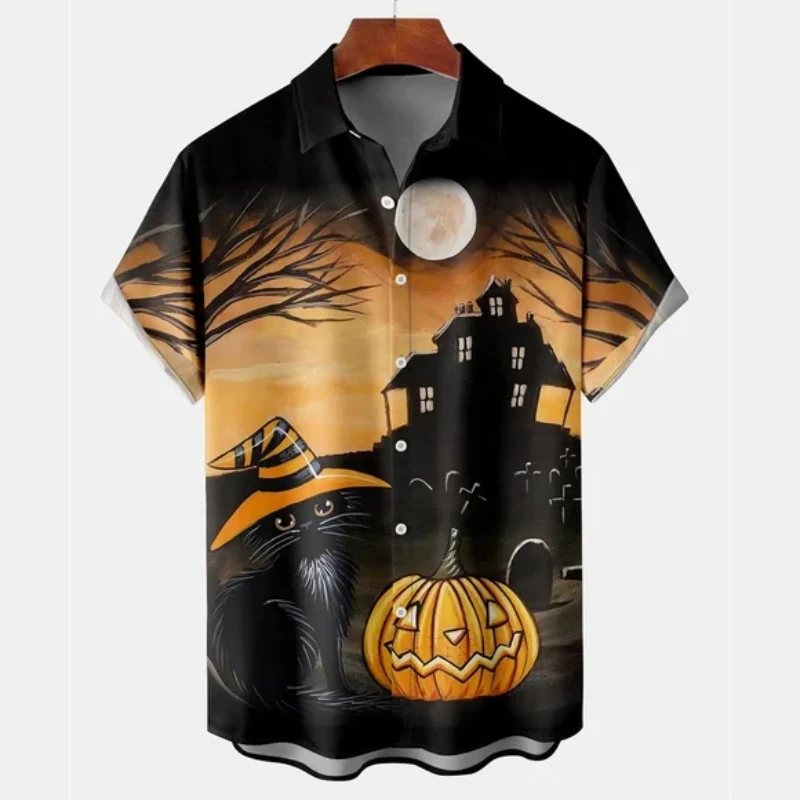 Halloween Men's Shirts Pumpkin Head Graphic Tops Lapel Button-Down Shirt Printed Short-Sleeved Party Holiday Oversized Men Shirt