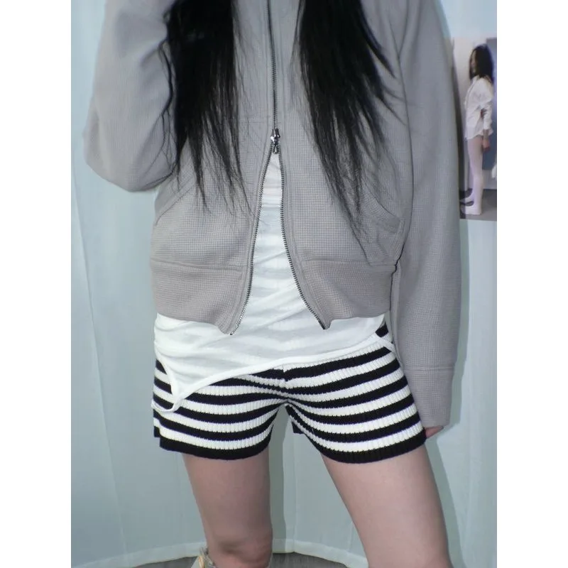 Fashionable Retro Spliced Striped Stretch Slim Elastic High Waist Knitted Casual Versatile Personalized Shorts for Women