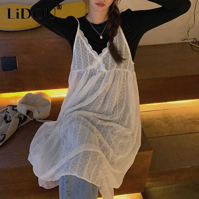 

2023 Spring Summer New Skirts V-neck Solid Color Sling Mid-length Dress Women Fashion Casual Sweet Elegant Women's Clothing