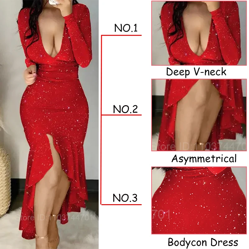 Vestido bodycon com gola em v profundo feminino, vestidos casuais, babados, bainha irregular, vestido de noite, sexy, 2022