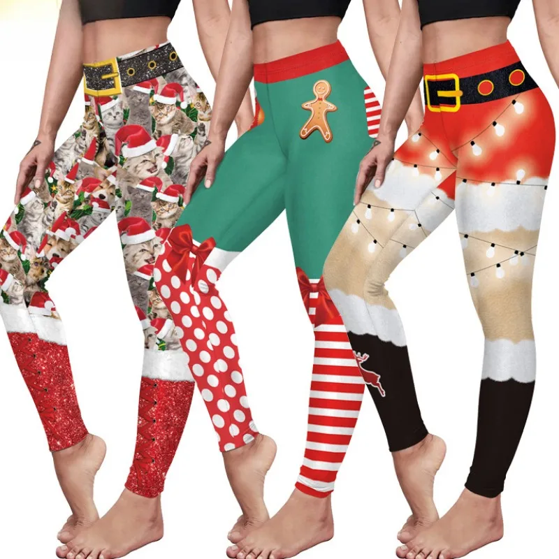 Cosplay Women Christmas Belt Leggings stampati vita alta Skinny Legging Holiday Party Ladies Elastic Stretch pants Costumes