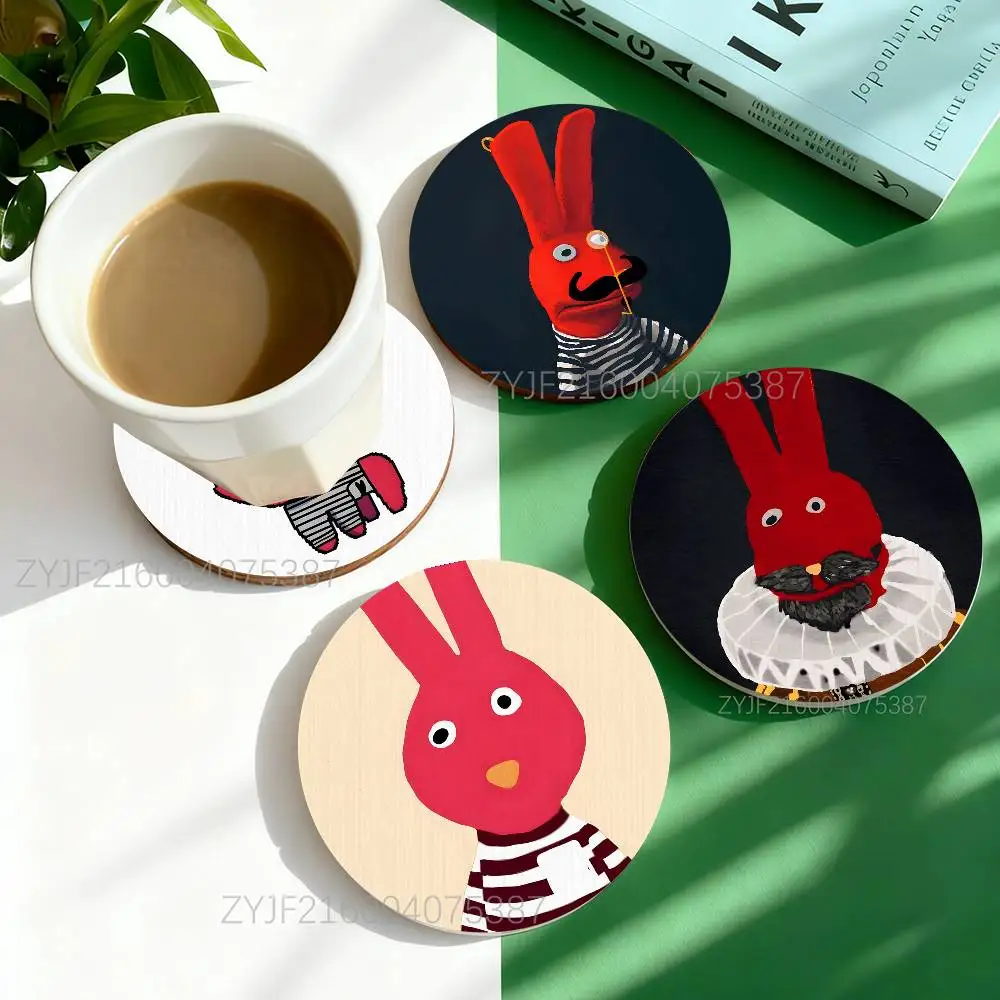 

B-Bodoque 31 Bunny Round Wooden Coasters Heat Resistant Non-slip Drink Cafe Decoration 2D Flat Color Print Set