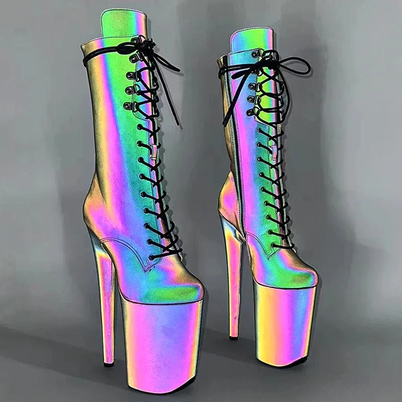 Leecabe  23CM/9inches  Reflective material PU  Sexy boots  High Heels Platform stripper heel Pole Dance shoes