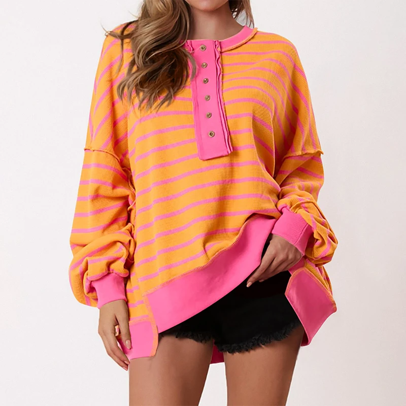 

Fall Trendy Women’s Striped Colour Block Waffle Sweatshirts Henley Button Up Contrast Oversized Pullover Casual Y2K Streetwear