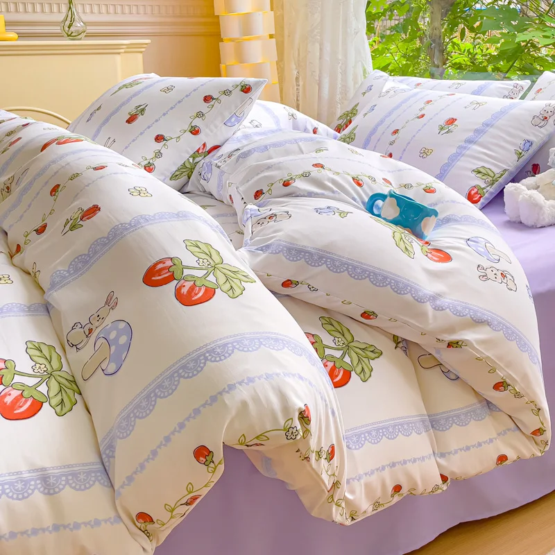 

Cartoon Rabbit Duvet Cover 4pcs Set Lace Pattern Bedroom Comforter Cover Mushroom Plant Bedding with 1 Bed Sheet 2 Pillow Cases