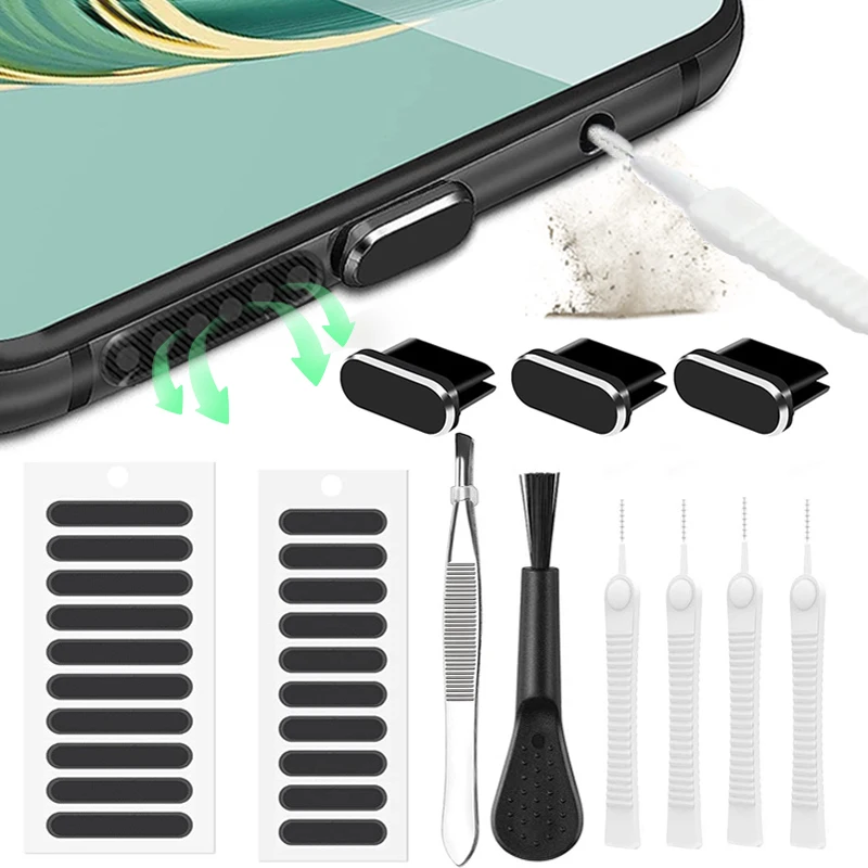 Mobile Phone Charging Port Cleaning Set Dust Plug for Type C Samsung Huawei Mi Speaker Dust Mesh Sticker Anti-Dust Cleaner Brush