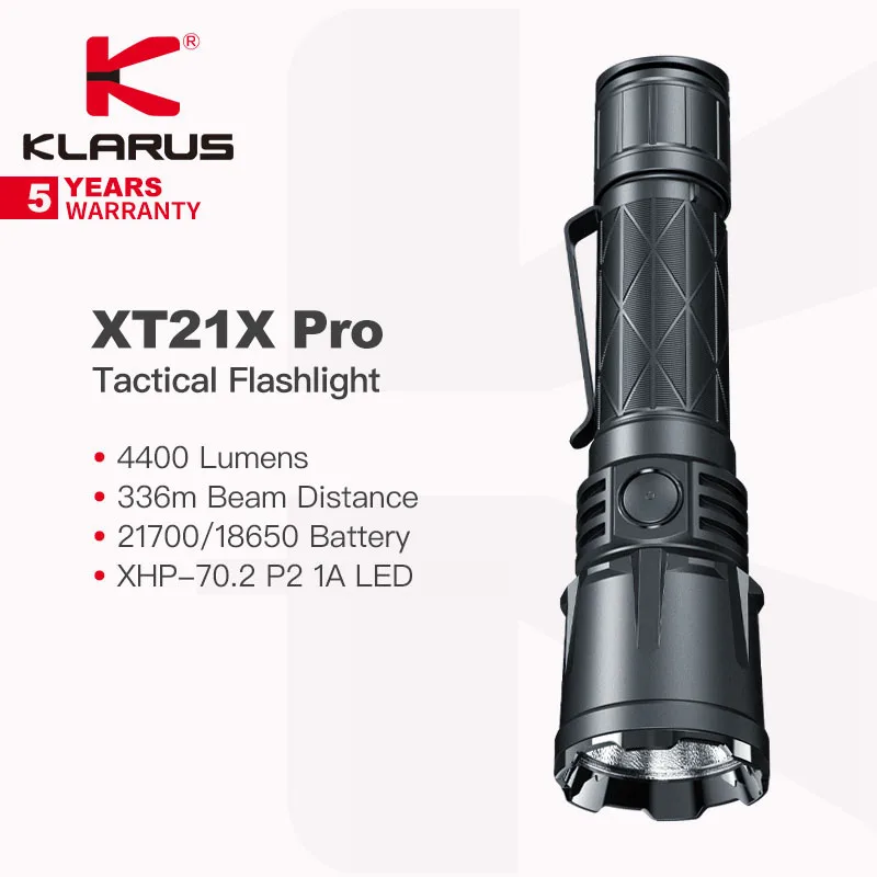 Klarus XT21X Pro Tactical Flashlight with 21700 Battery, 4400 Lumens 336m Beam Distance,Patented Tail Dual-Switch,ITS Protection