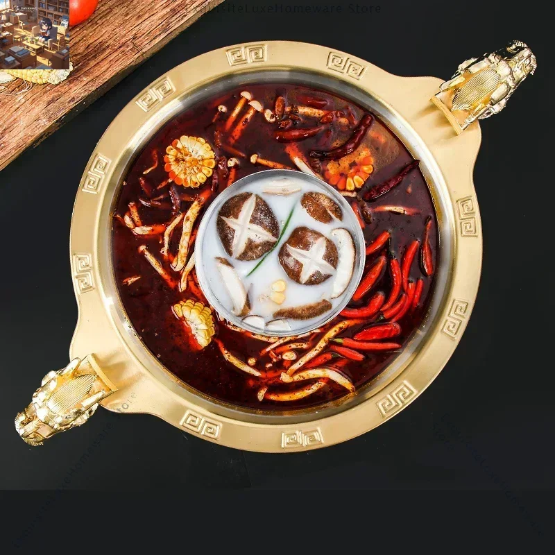 

Stainless Steel Gas Induction Cooker Hot Pot 36/38cm Golden Dragon Head Mandarin Duck Hotpot Round Divider Chafing Dish Cookware