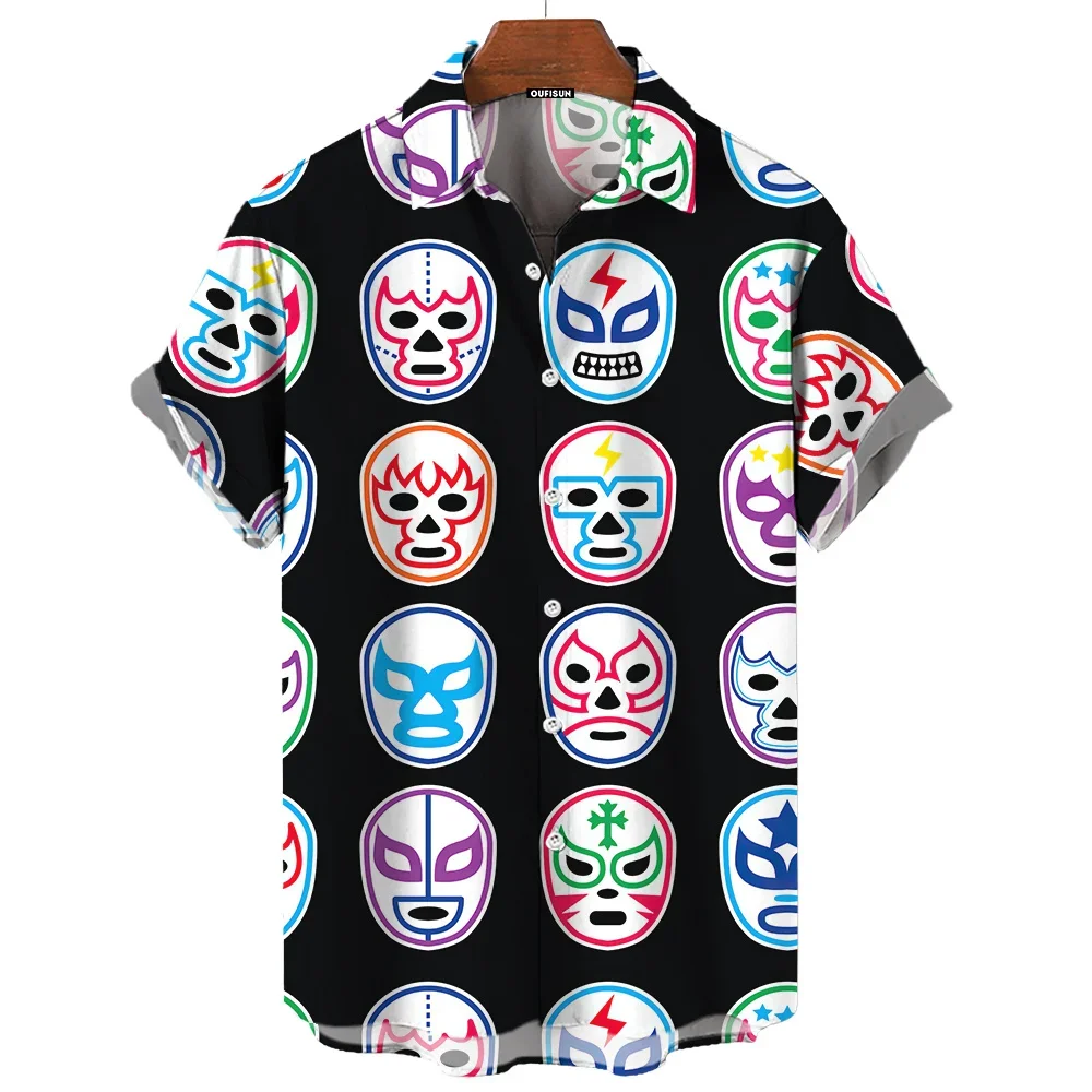 New casual men\'s shirt wrestling mexican 3D print lucha libre loose oversized short sleeve fitness beach hawaiian top lapel cool