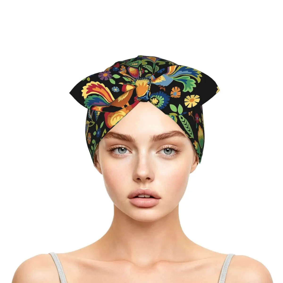 Polish Folk Roosters Sleep Bonnet Double Layer with Adjustable Bow, Reversible Hair Cap for Curly Braids Hair