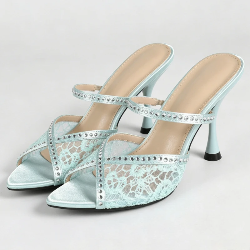 

Glisten Rhinestone Mesh Heeled Sandal Women Sexy Peep Toe Summer Slingback Heels for Ladies Elegant Wedding Bridal Designer Shoe