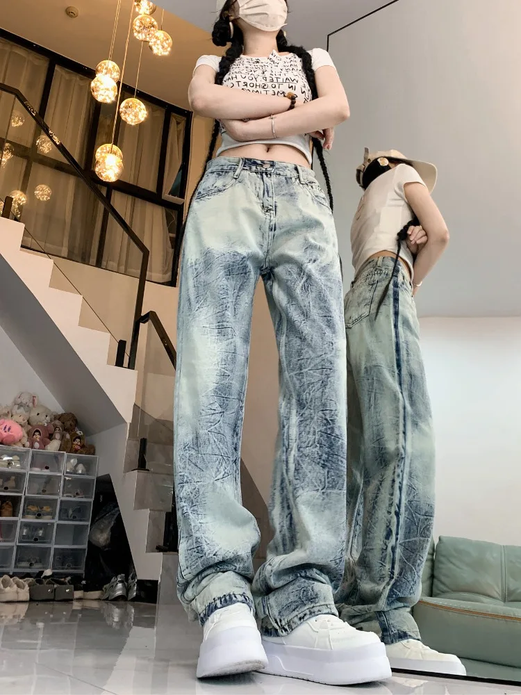 Ladies High Waisted Slouchy Tie-dye Baggy Jeans Women Clothing Girls Fashion Casual Denim Wide Leg Pants Female Clothes B2112