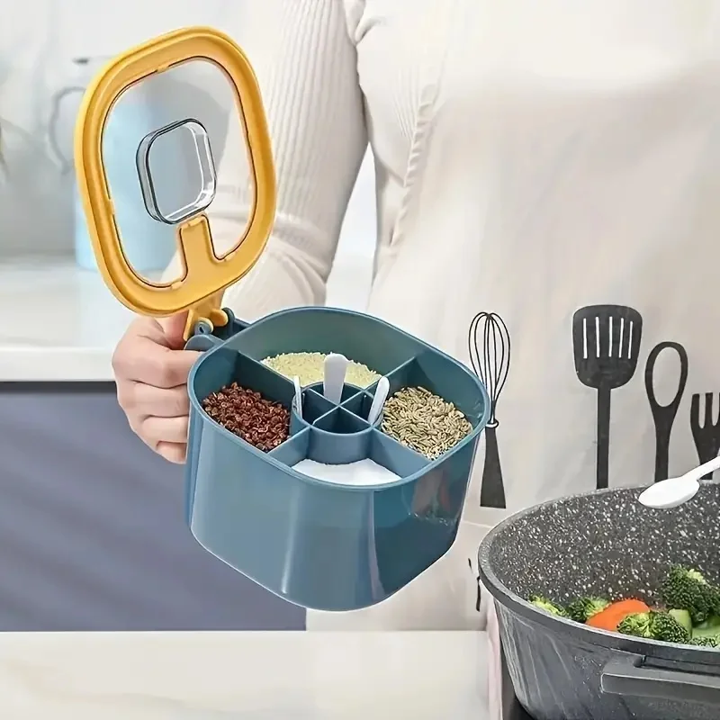 Eine 4-in-1-Gewürzbox mit großem Fassungsvermögen, Deckel und Löffel, wird mit vier Löffel für die Küche zu Hause geliefert und Salzbehälter – Detail 1