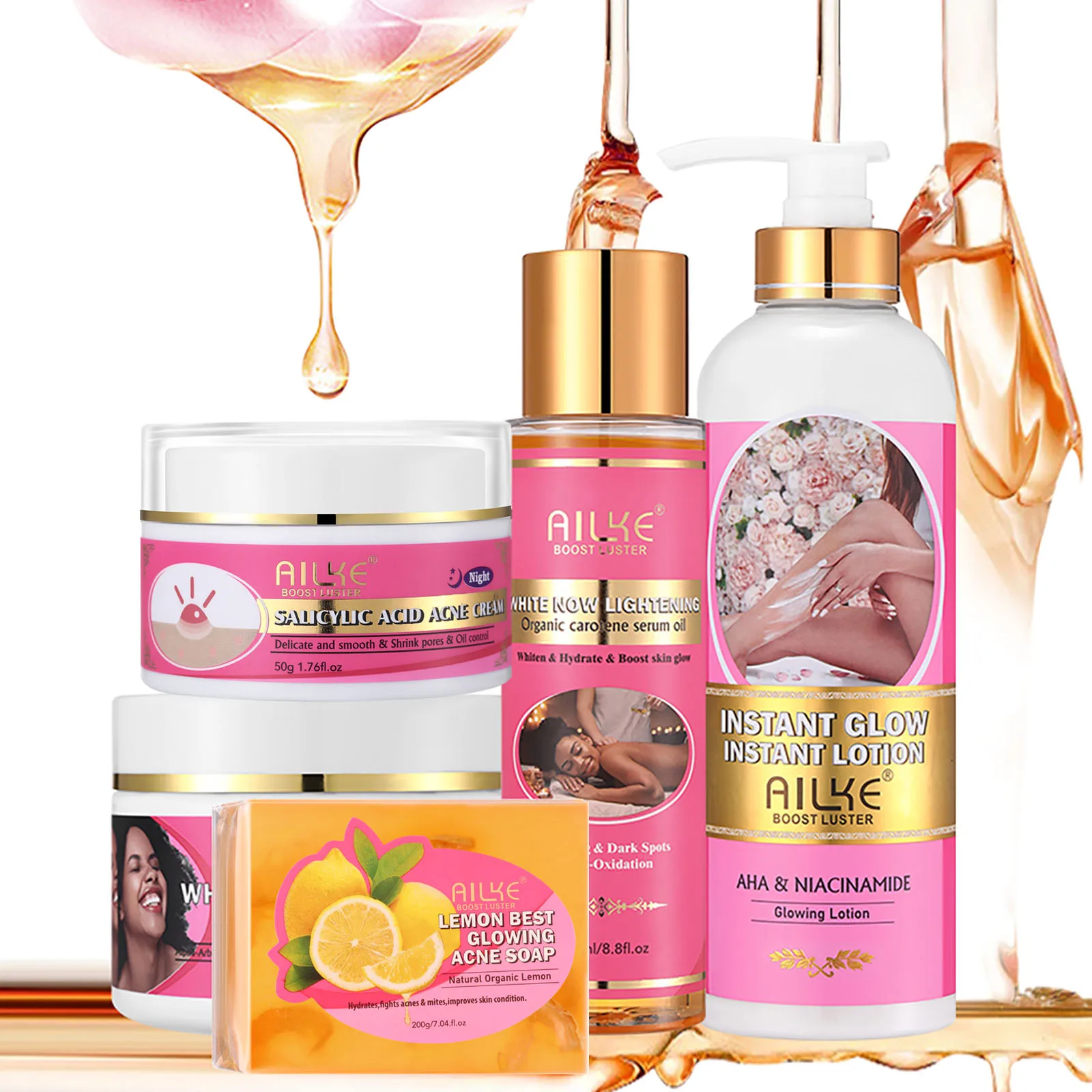 AILKE Natural Skin Brightening Set, Whitening Lotion, Reduce Dark Spots & Wrinkle, Clarify, Hydrate, Support Customized Label