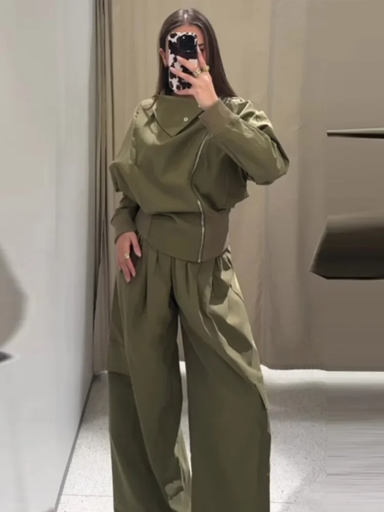 

Stand Collar Cargo Jacket Top Work Pants Set Diagonal Zipper Bat Sleeved Workwear Coat Waist Cinching Baggy Wide Leg Trousers