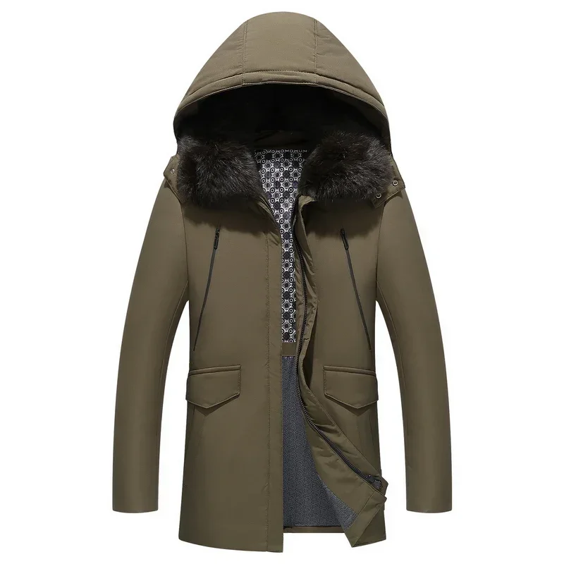 

2025 Winter New Down Jacket Men's Luxury Brand Detachable Wool Collar White Duck Down Warm Coat Business Lightweight Long Parka