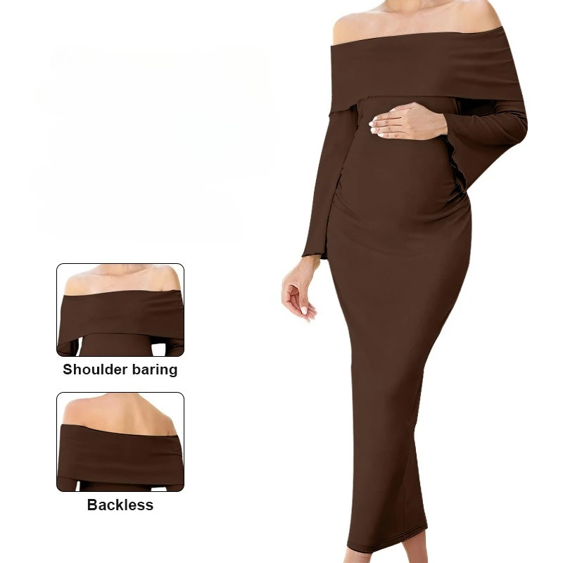 One Shoulder Maternity Dress Long Sleeved Maternity Dress Knitted Elastic Maternity Decoration Body Jumpsuit Long Skirt