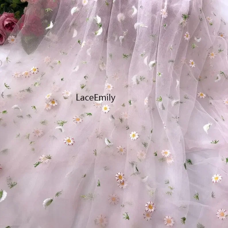 

5 Colors daisy flower lace fabric daisy embroidery soft tulle fabric for wedding lace bridal lace dress fabric veil 51" width
