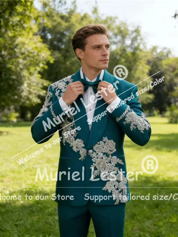 

Эксклюзивный зеленый мужской костюм с бисером и камнями, пиджак и брюки, комплект из 2 предметов, официальная одежда для жениха, смокинг, индивидуальный пошив, наряды для жениха