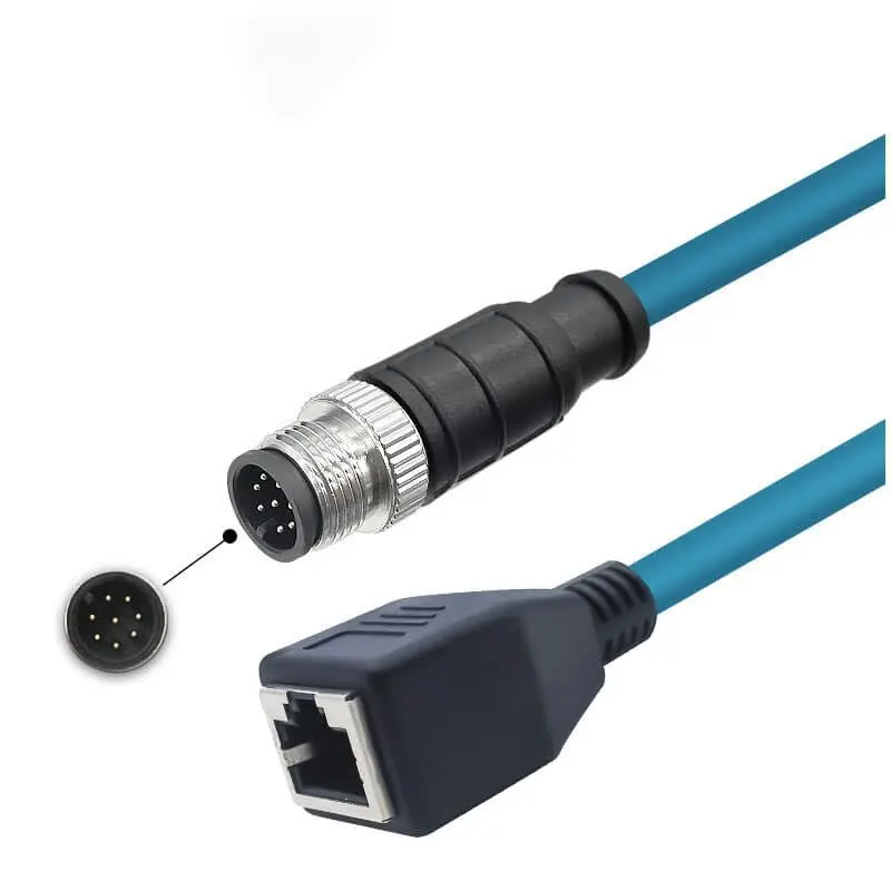 M12 8 Pin A-Code Male to RJ45 Female Cable 1m High Flex Cat6 Industrial Ethernet Cable PVC Jacket for Automation
