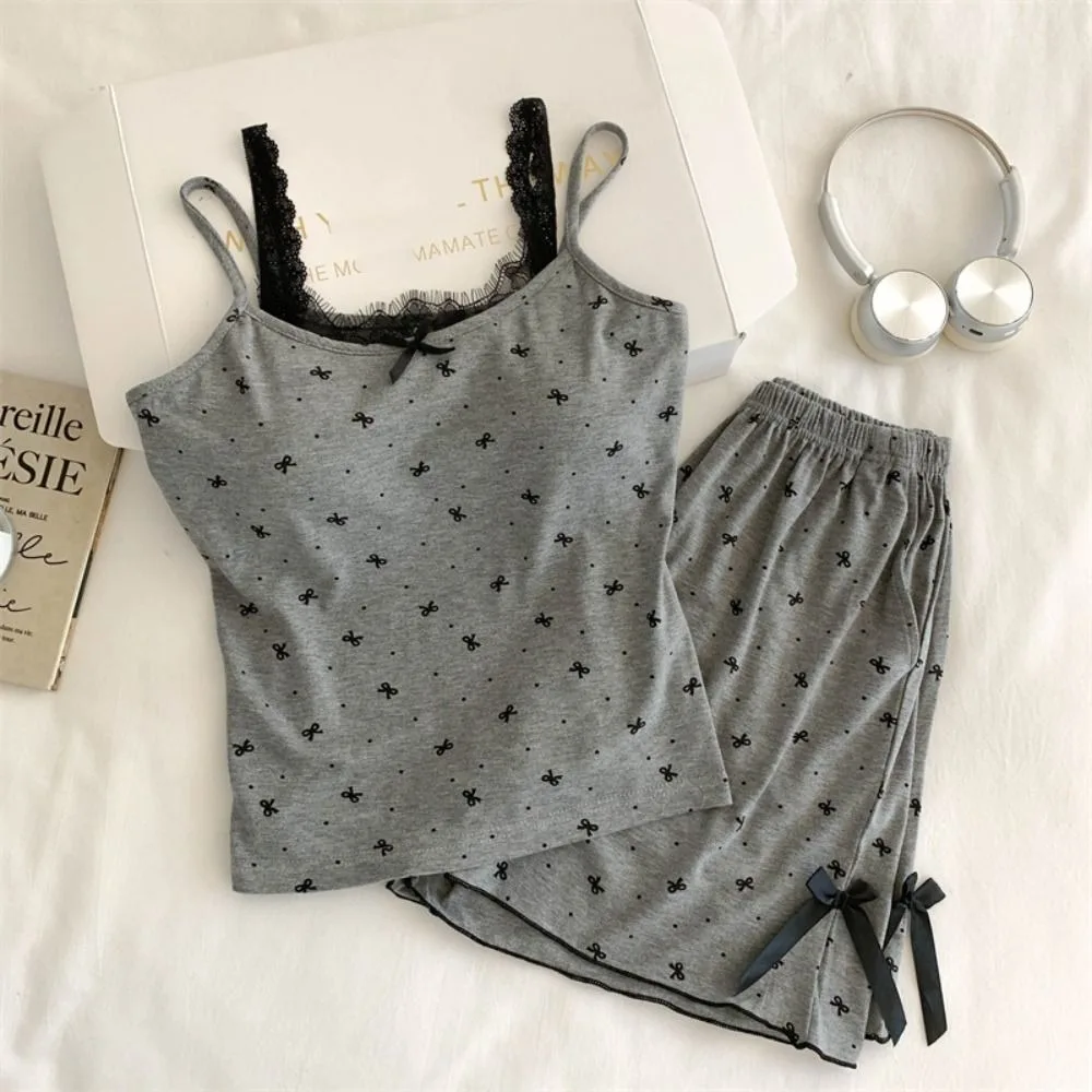 Dot Lace Bowknot Pajama Suit with Pads Square Neck Shorts Camisole Nightdress Women Homewear Slim Fit Lace Sleepwear Sets Gifts