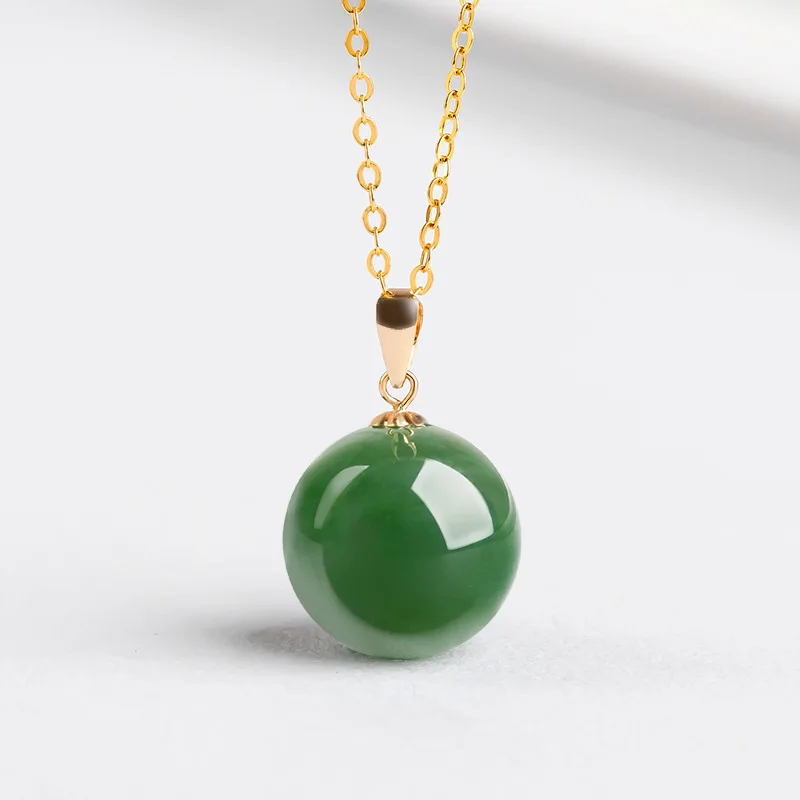 Spinach Green Old Material Hotan Jade Round Bead Pendant Authentic with Certificate 18K Gold Natural Jade Necklace for Men Women