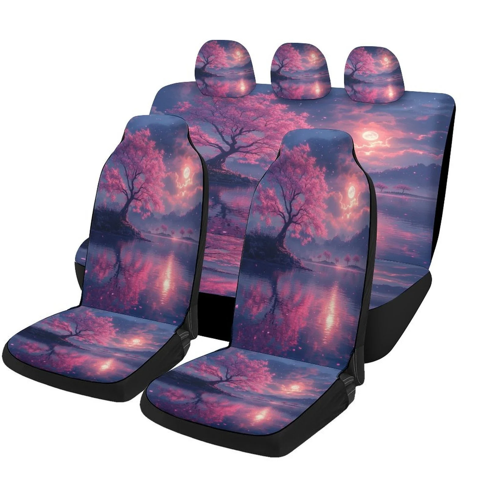 

Pink Tree Reflection Designed Car Seat Cover Set For Most Cars, Trendy Novelty High-quality Car Seat Protector Covers Full Set,