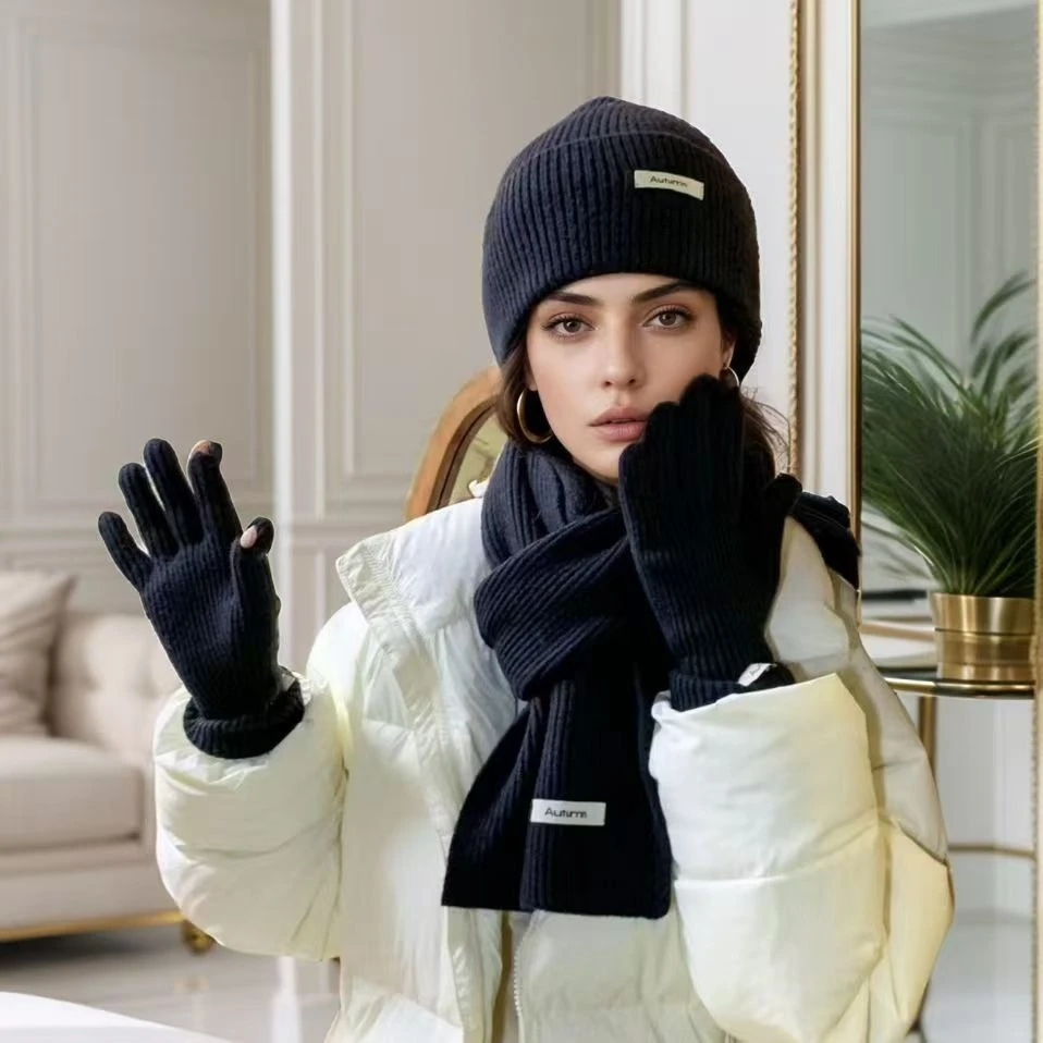 warm-knitted-autumn-hat-scarf-glove-three-piece-set-red-black-solid-color-fashion-touch-gloves-included