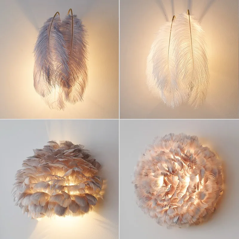Nordic Feather Wall Lamp Modern Living Bedroom Girl Room Lighting Romantic  Art Creative Luxury Gray Indoor Decor Light