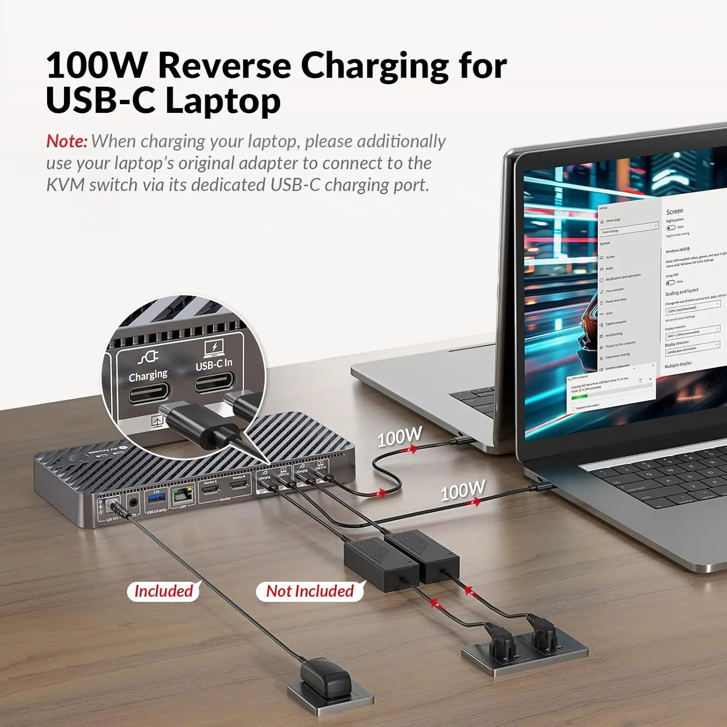 AV Access Docking Station KVM Switch 2 Monitors 2 Laptops, 4K KVM Switch Dual Monitor, 100W Charge, 1G Ethernet, EDID(KD-E20)