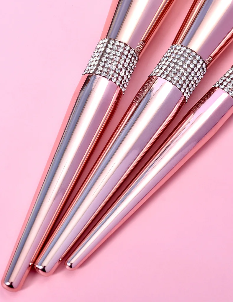 Pincéis de maquiagem de marca própria, 14 peças, ouro rosa, diamante, cabo de cristal, conjunto de pincéis de maquiagem, base, sombra, ferramenta de mistura
