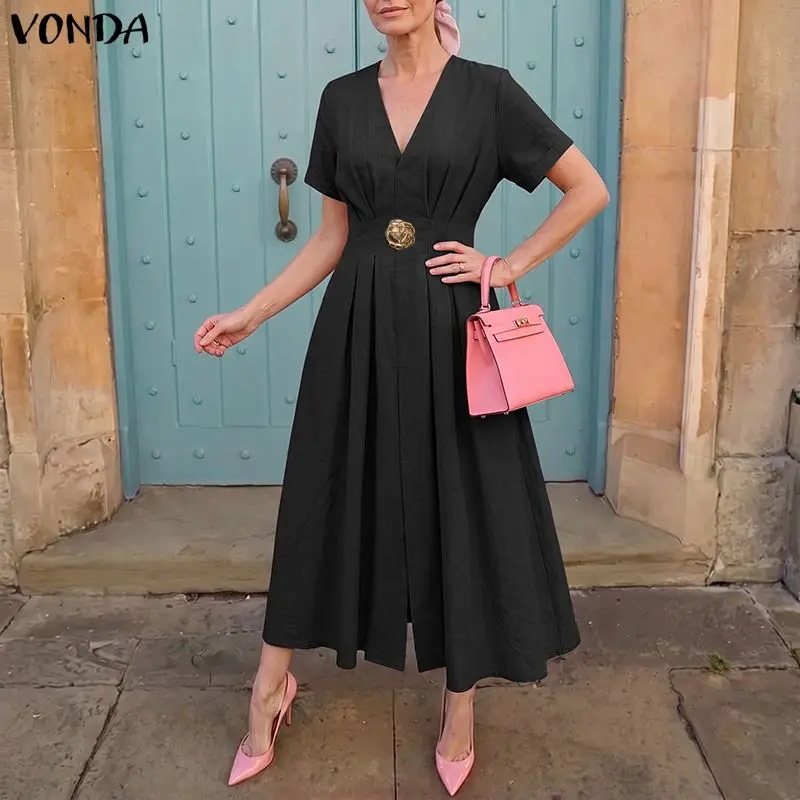 VONDA Office Work High Waist Dress Elegant Women Short Sleeve Pleated Sundress Front Slit V Neck A Line Solid Vestidos