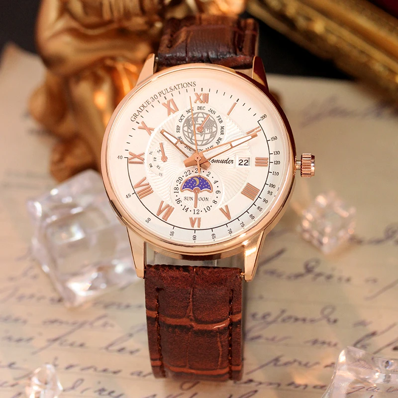 حزام جلد بني للرجال، ساعة كوارتز أرقام رومانية أنيقة وبسيطة على شكل قمر.