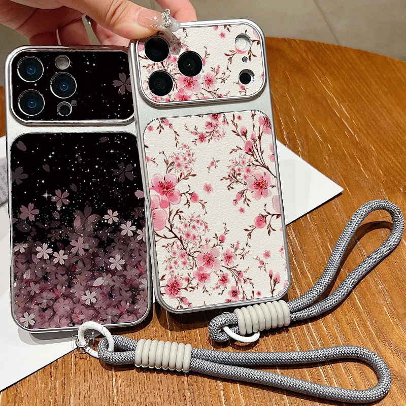 Matte Leather Texture Phone Case For iPhone 17 Pro 16 15 14 13 Pro Max Cherry Blossom Print Wrist Strap Lanyard Soft TPU Cover view 3