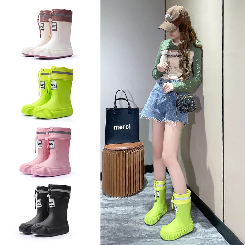 

Waterproof Bead Rain Boots Women's Fashion Outer Wear Medium Tube New Rain Shoes Lightweight Soft-Soled Rubber Shoes