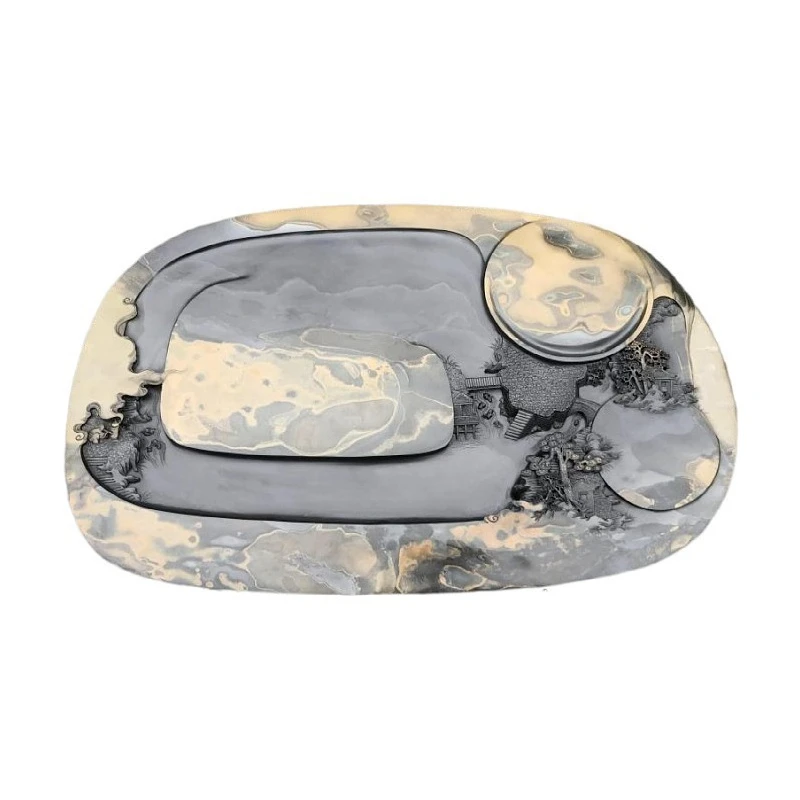 Tea tray black round natural rough stone material creative hand-carved tea table single-layer drainage Chinese tea sea