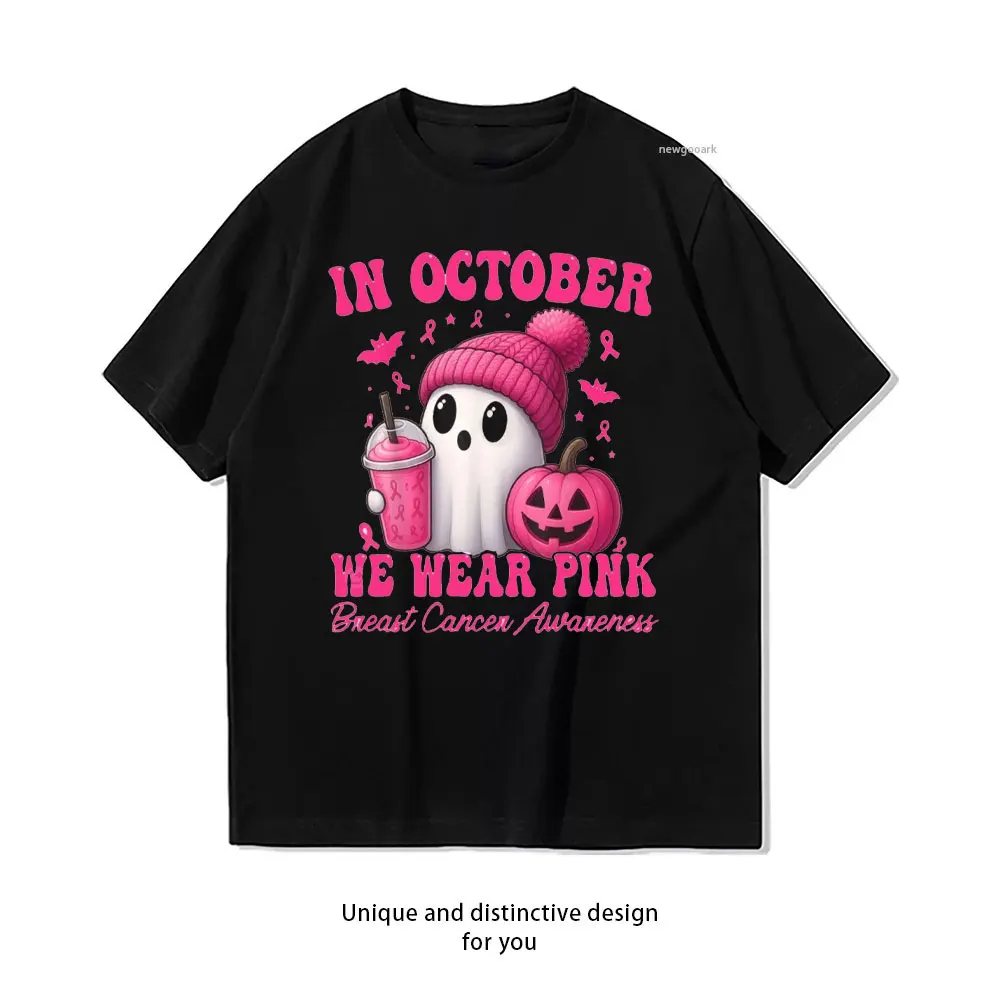 In October We Wear Pink Breast Cancer Awareness Shirt Woman Man Summer Cotton Graphic T Shirts Adult Streetwear Camisetas