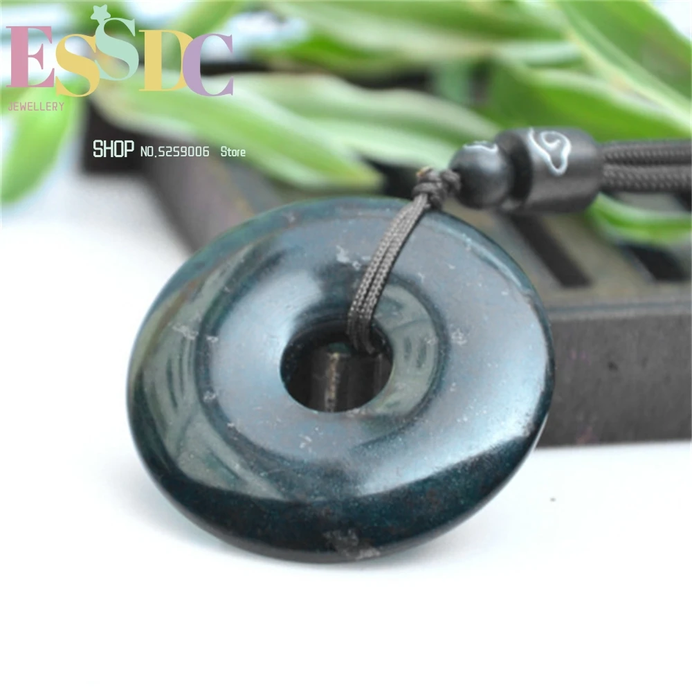 Natural Black Green Hetian Stone Doughnut Carved Jade Pendant Necklace Chinese Jadeite Jewelry Charm Amulet Gifts for Women Men