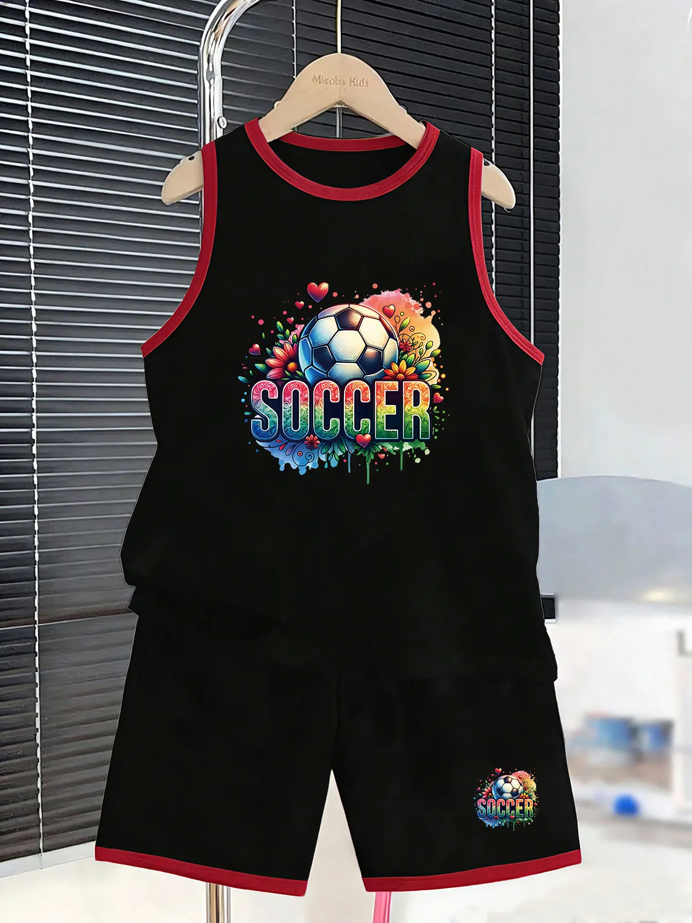 Boys' Artistic Football Tank Top and Shorts Set, featuring a watercolor-style inverted hook kicking print design. The colors are