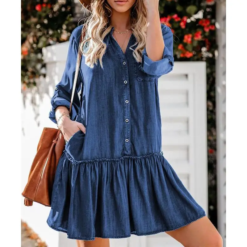 تنورة V-Ne Splice فضفاضة بأزرار من قماش الدنيم ميدي كلاسيكية Sle ملابس غير رسمية طويلة Sve قطع أساسية للنساء كلية Faion