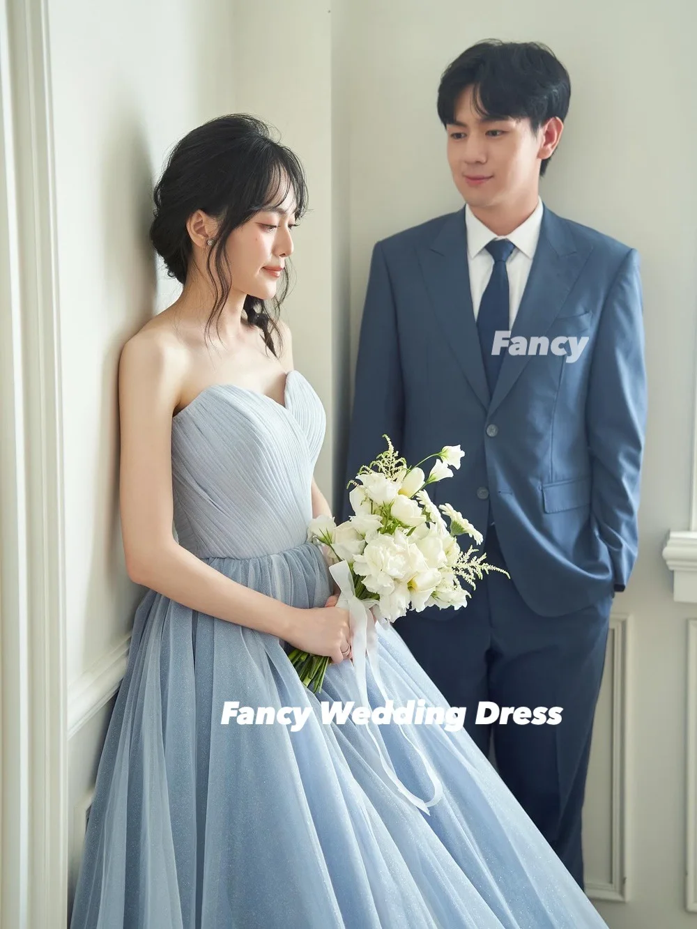 Fancy Princess Blue Sweetheart Wedding Dress Korea Photoshoot A Line Soft Tulle Bridal Gown Floor Length Back Corset Customized