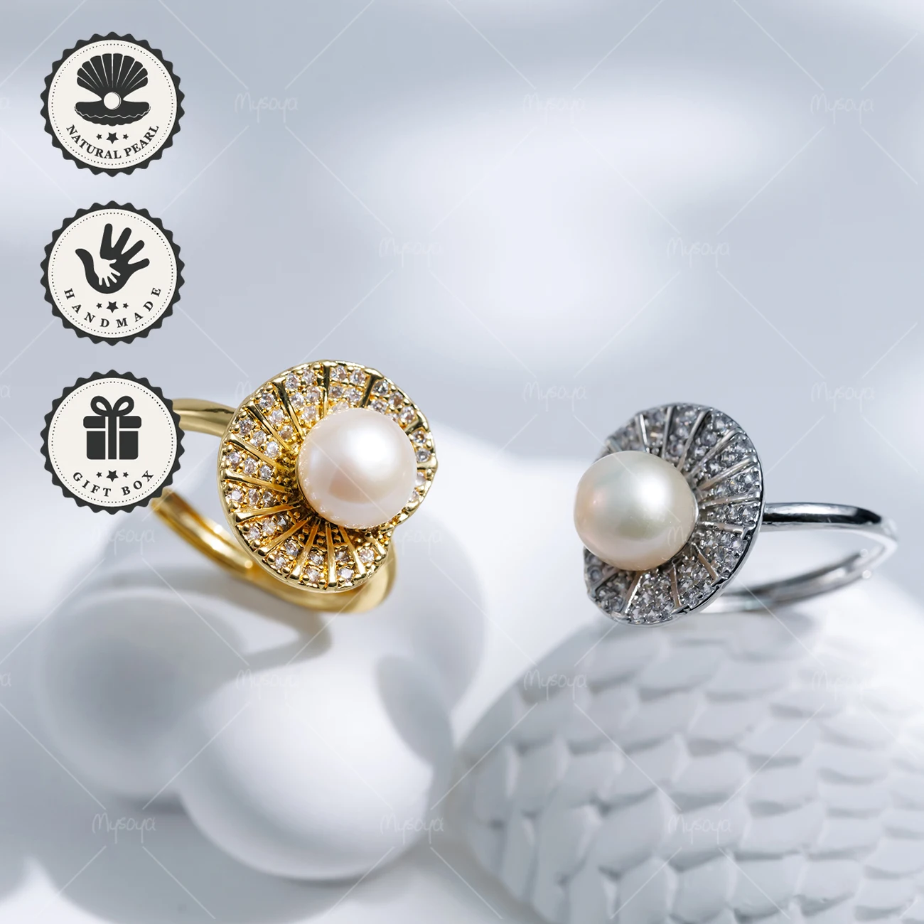 

Кольцо MYSOYA с белым пресноводным жемчугом 8-9 мм, золотое или серебряное, с нерегулярным дизайном в виде листа лотоса с фианитами, в подарочной коробке, подарок на день рождения