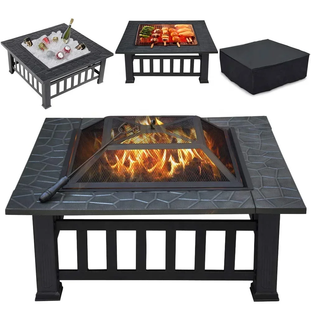 Outdoor Fire Pit Square Metal Firepit Table Backyard Patio Garden Wood Burning Fire Pit With Spark Screen