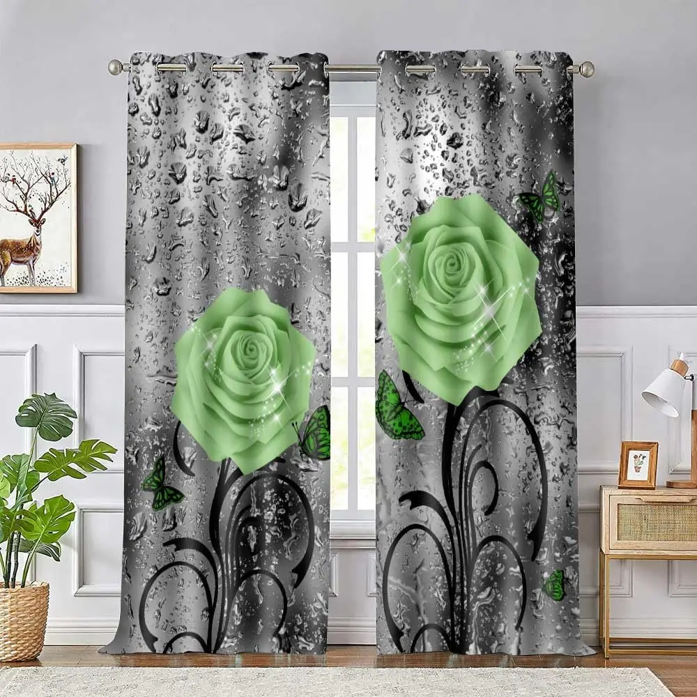 

Занавески с зелеными розами, длина 84-дюймовые зеленые цветочные капли дождя, серые художественные плотные шторы для гостиной, спальни, термостойкие шторы