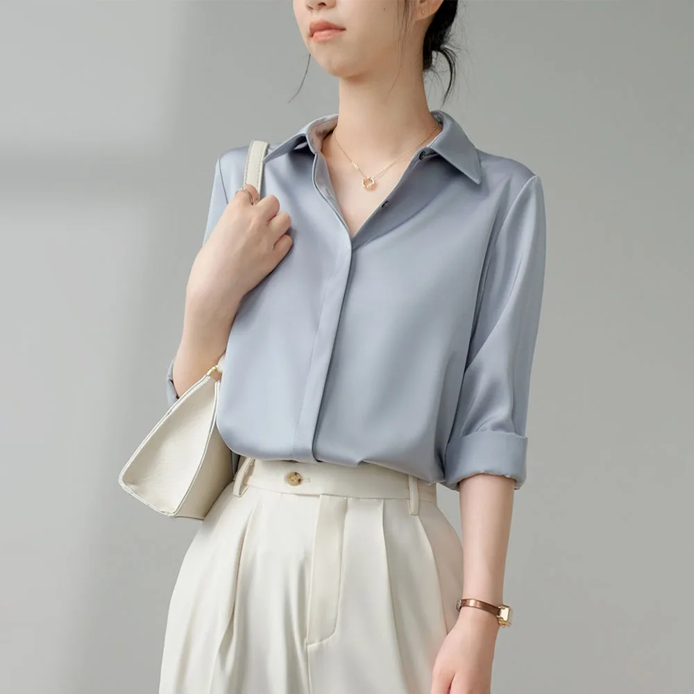 

Офисная женская повседневная однотонная блузка женская 2022, осень-зима, модные свободные рубашки с отложным воротником и длинными рукавами, блузки, топы