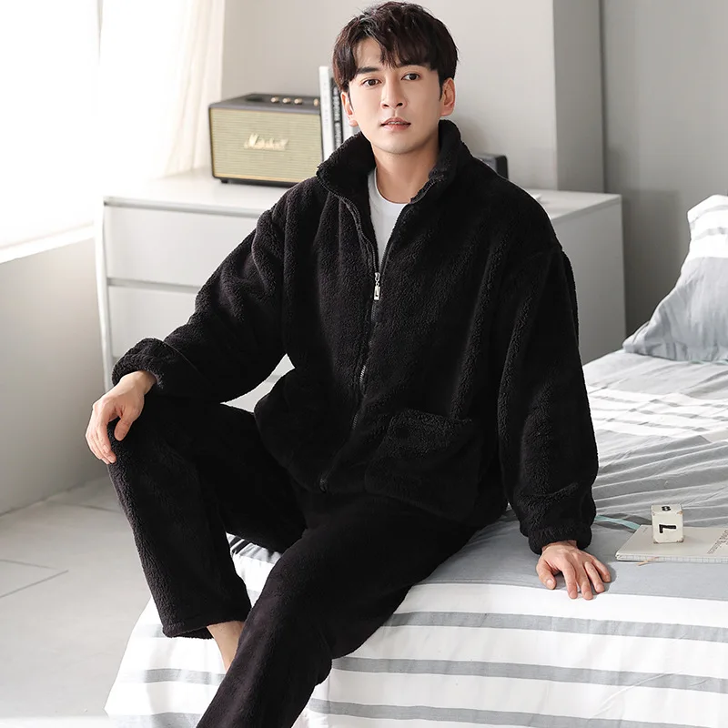 Men\'s New Autumn Winter Stand Collar Zipper Thick Long Sleeve Coral Velvet Home Suit Lovers Pajamas Comfortable Men Sleepwear