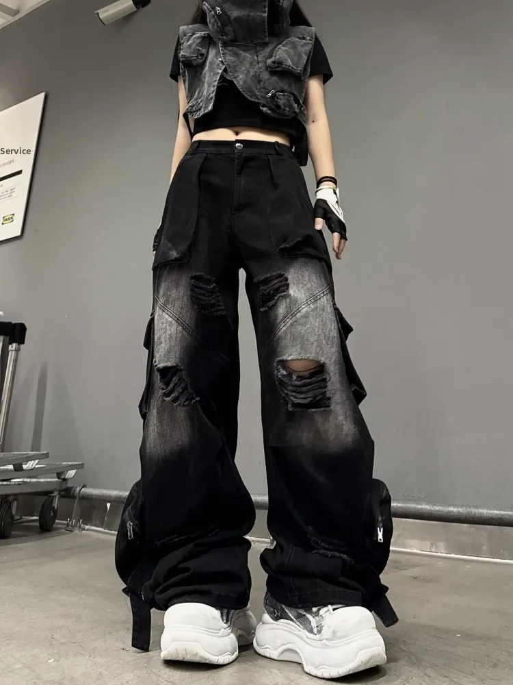 

Original Heavyweight Bla Waed out Jeans Dancing Wide Leg Punk Hip Hop Workwear Frayed Multiple kets Casual Cotton Pants